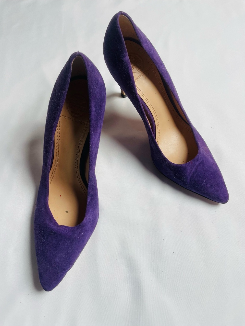 Tory Burch Purple Suede Pointed Toe Pumps – Leather Sole, High Heels, Size 5M